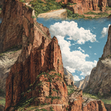 Angels Landing wallpaper featuring a detailed mountain and canyon landscape scene with blue sky and white clouds.
