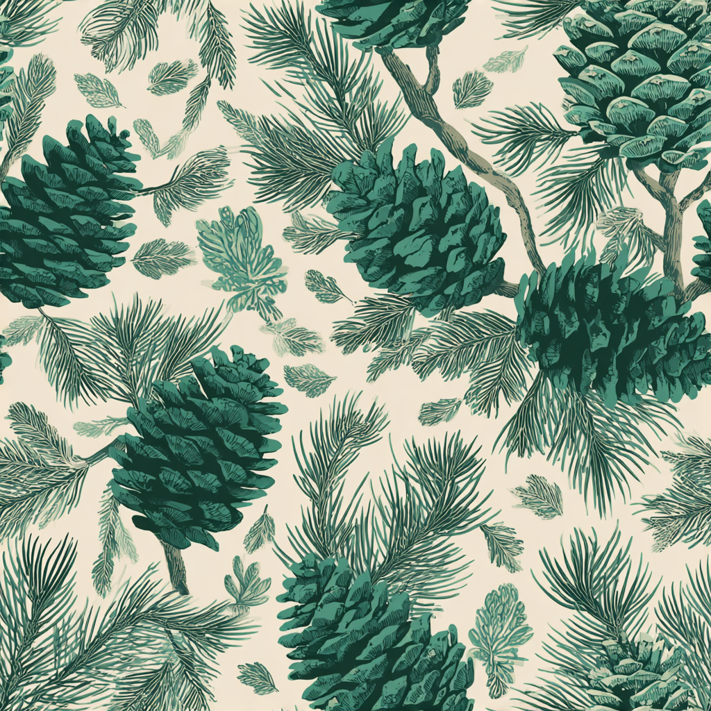 Everpine Assembly Wallpaper with a pine cone and evergreen bough pattern.