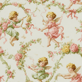 Chérubin Gala wallpaper with cherub and floral pattern on an off-white background.