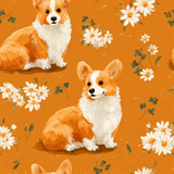 Marmalade Mornings wallpaper with cute corgi and daisy floral pattern on an orange background.