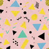 Patterned wallpaper with geometric shapes and pink speckled background.