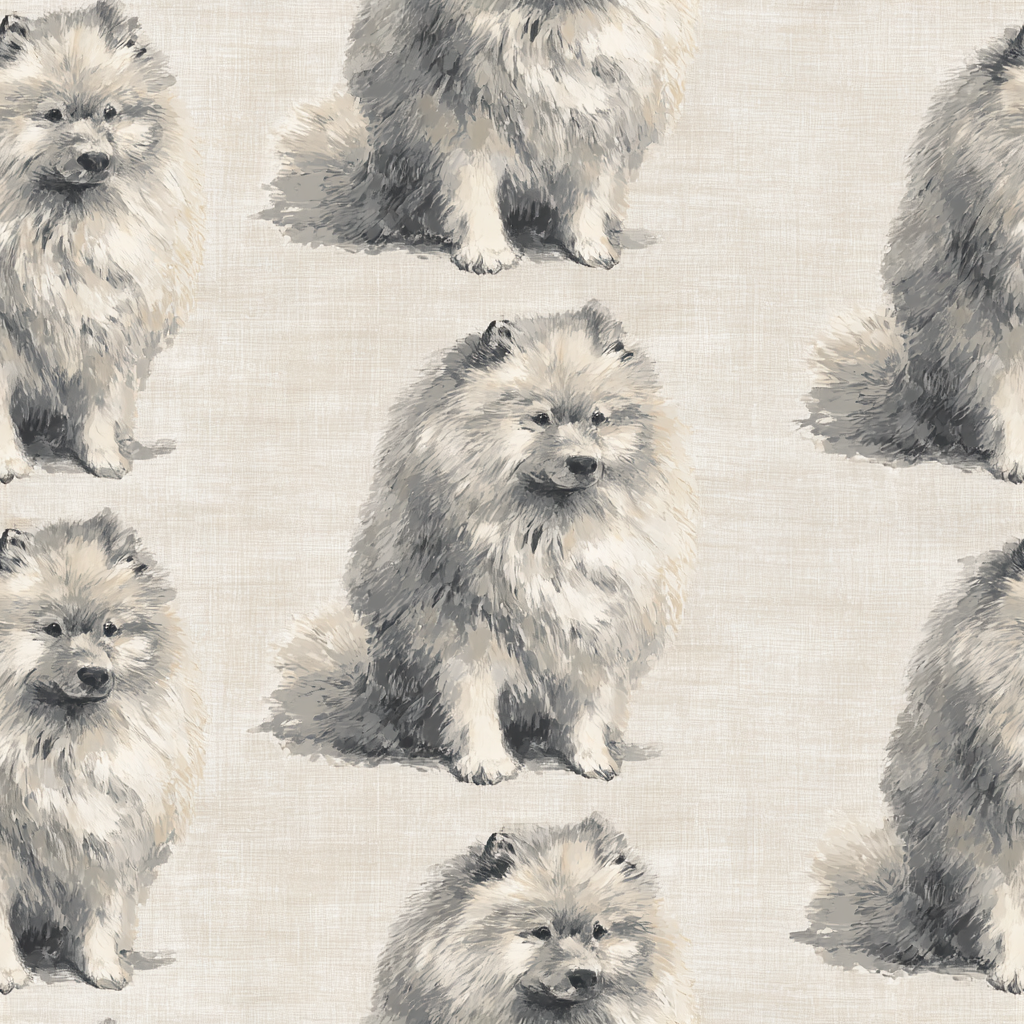 Gray and beige wallpaper with a dog pattern and linen texture.
