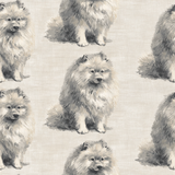 Gray and beige wallpaper with a dog pattern and linen texture.
