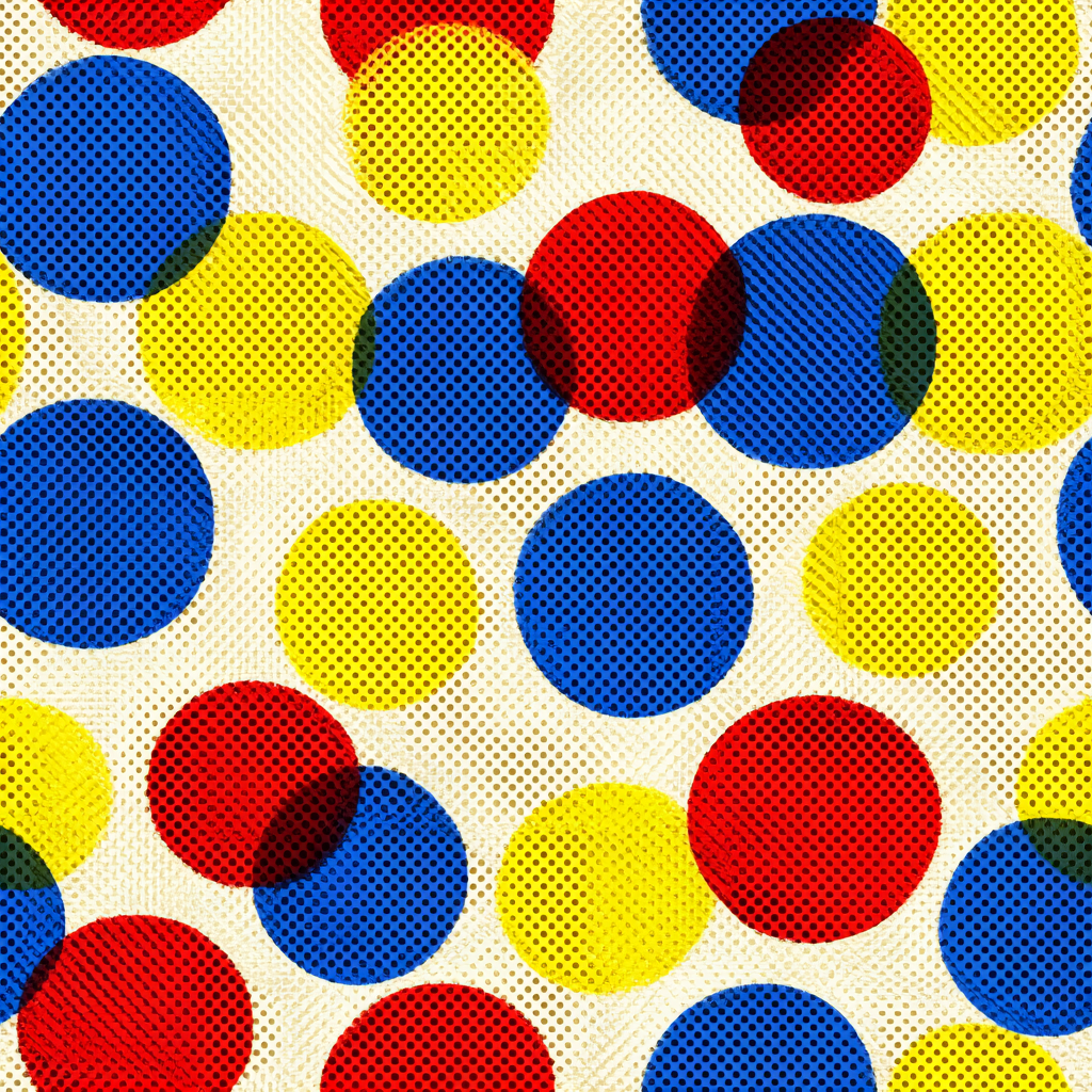 Polychrome pop wallpaper with overlapping red, blue, and yellow polka dots and a textured finish.
