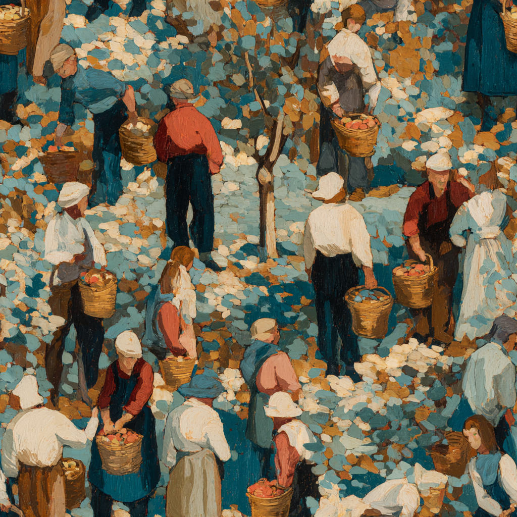 Impressionistic wallpaper of orchard workers with baskets of apples, with a pointillist-style pattern and mottled textures.
