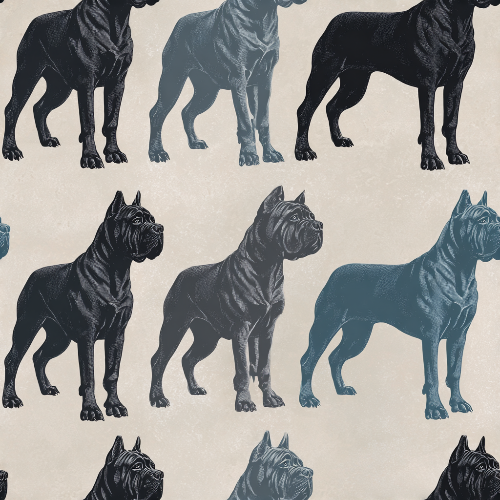 Dog pattern Ironclad Estate Wallpaper with multiple dogs in alternating black and blue-gray shades.