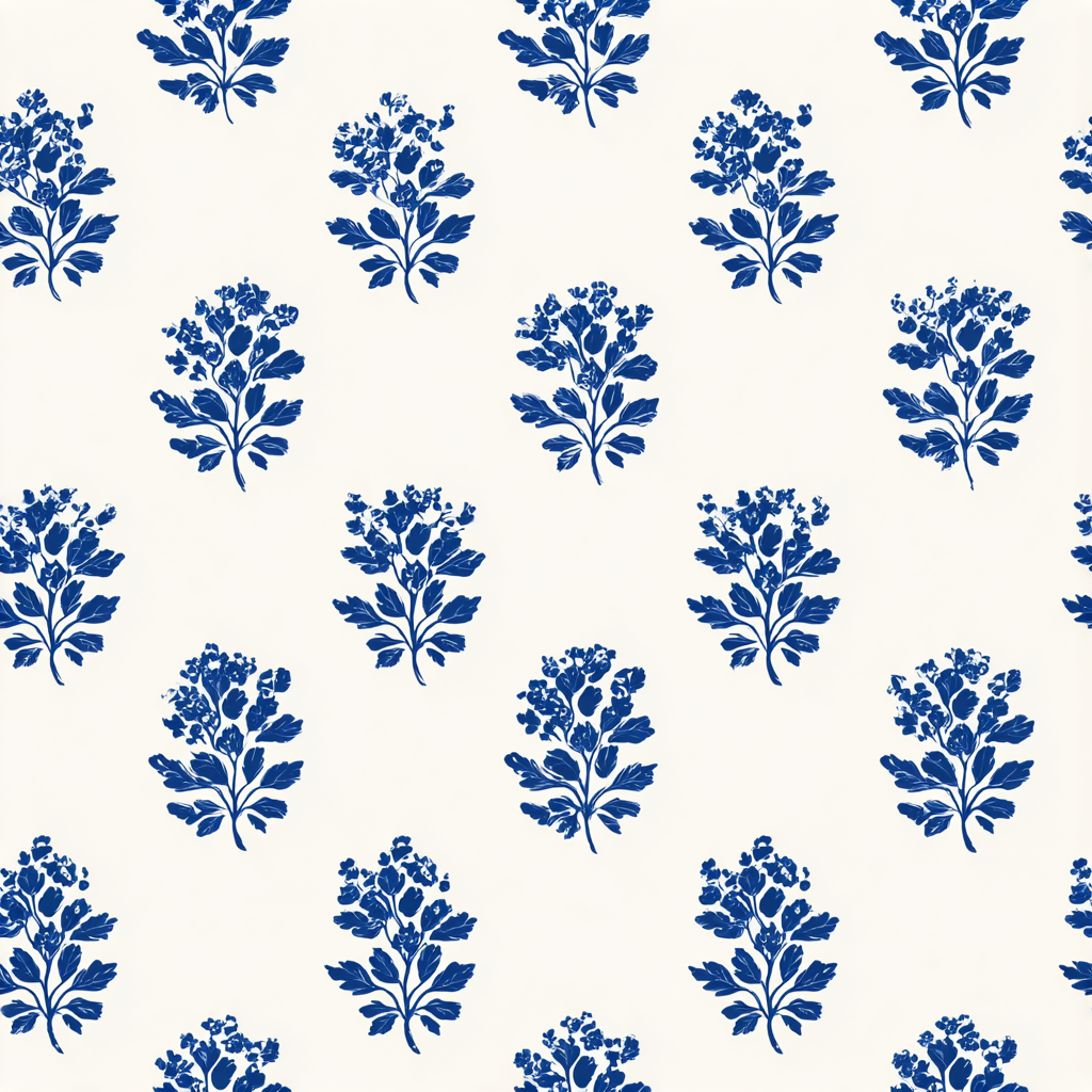 Blue and white herbarium press wallpaper with floral pattern.