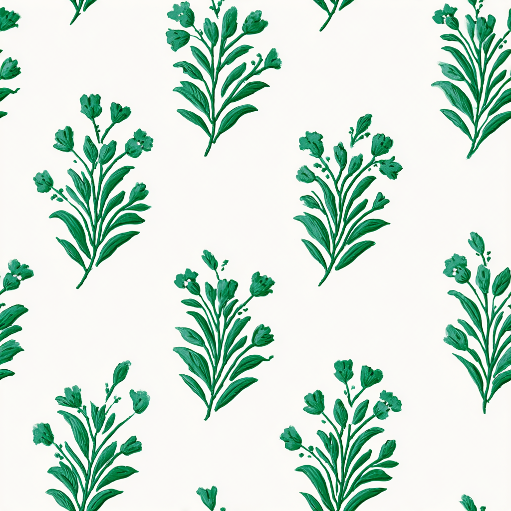 Green floral wallpaper by Register, featuring a stem pattern on a white backdrop.
