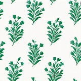 Green floral wallpaper by Register, featuring a stem pattern on a white backdrop.

