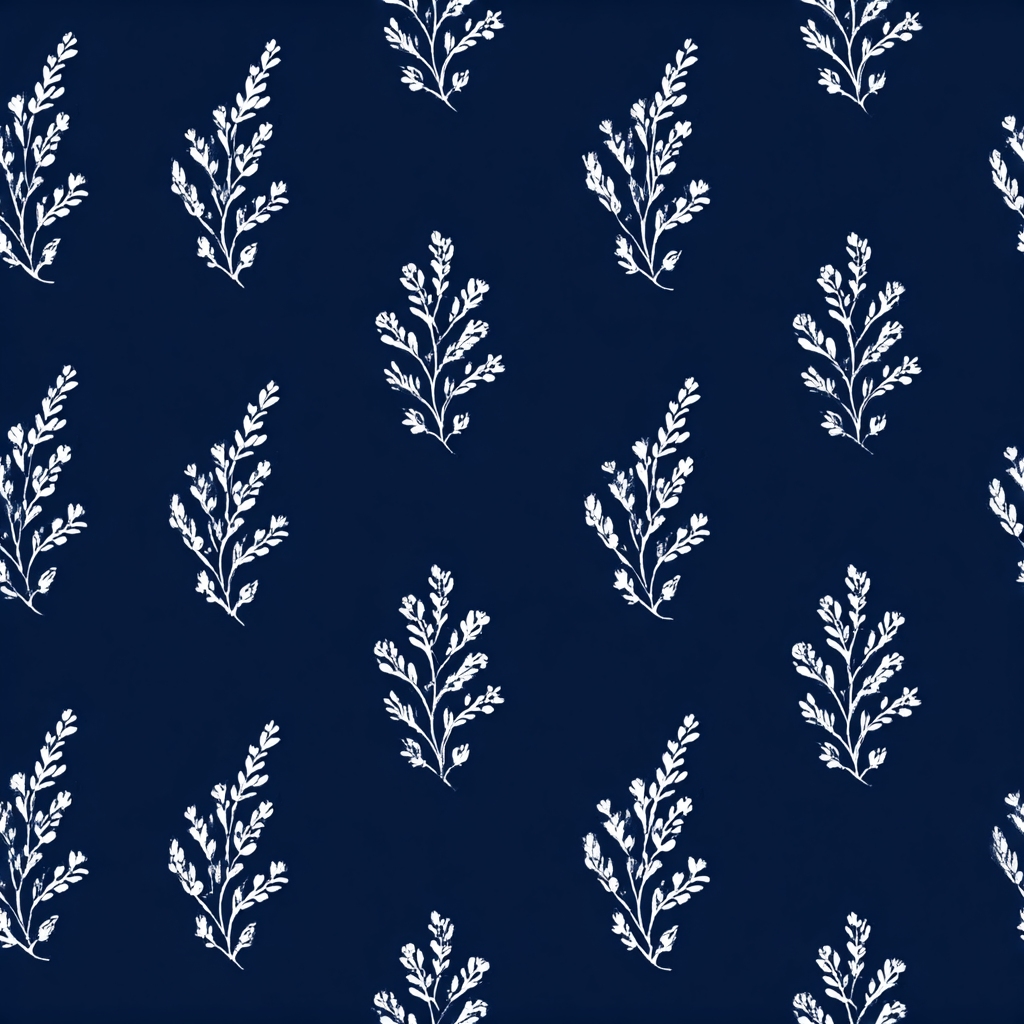 Navy sprig almanac wallpaper with a sprig and leaf pattern on a dark background.