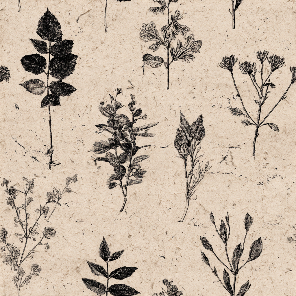 Botanical wallpaper with a sketched pattern of assorted herbs and plants.