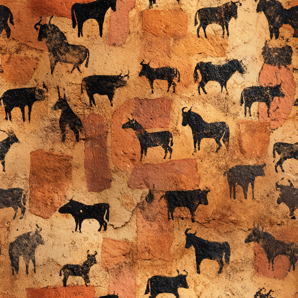 Cave Herd Wallpaper with black cattle pattern on orange and brown textured background.