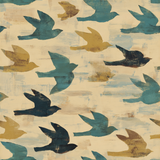 Skyward Flight wallpaper with teal and mustard birds against a beige textured background.
