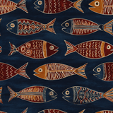 Colorful fish wallpaper with folk art designs on a blue background.