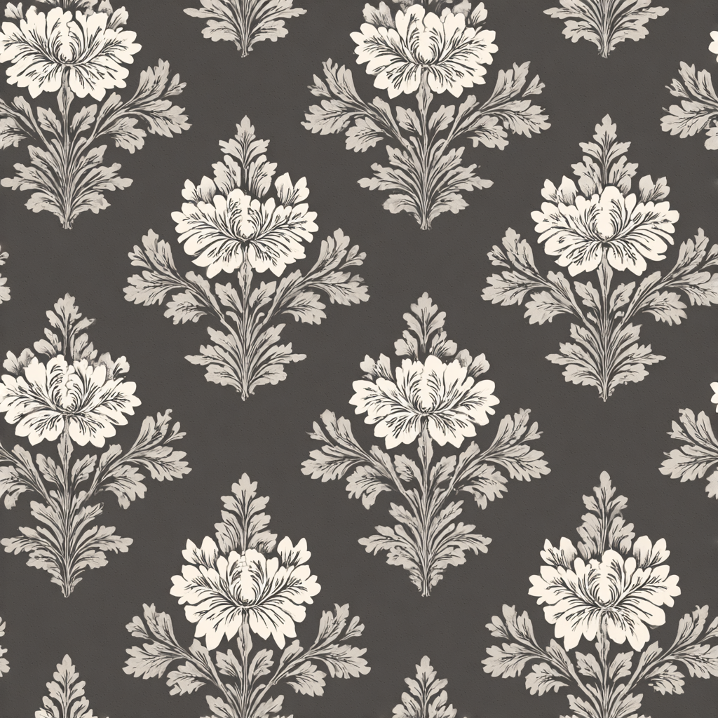 Dark gray wallpaper with floral palmette pattern.