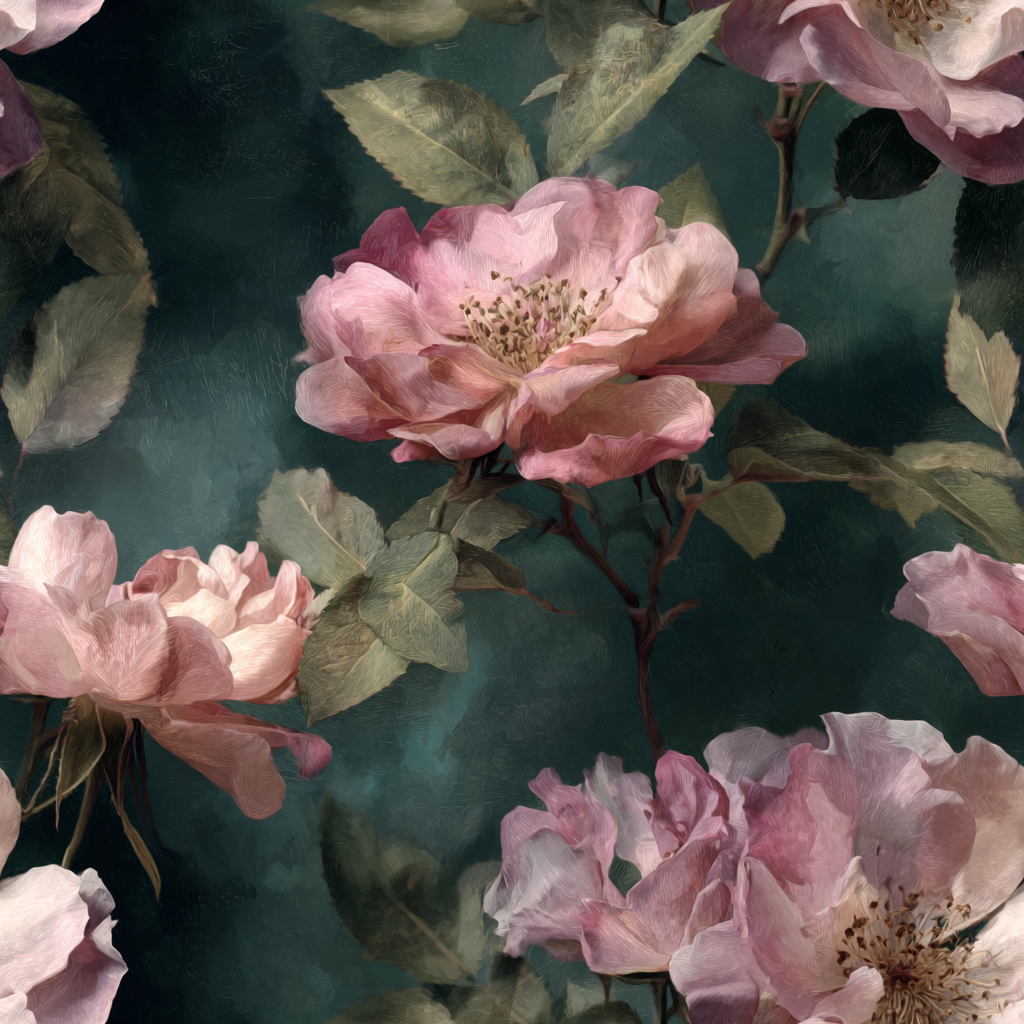Floral patterned wallpaper with pink roses on a teal background.
