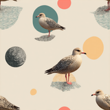 Tideline Orbit Wallpaper with seagull and circular designs on a beige background.
