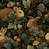 Woodland wallpaper featuring rabbits among leaves and berries on a dark background.