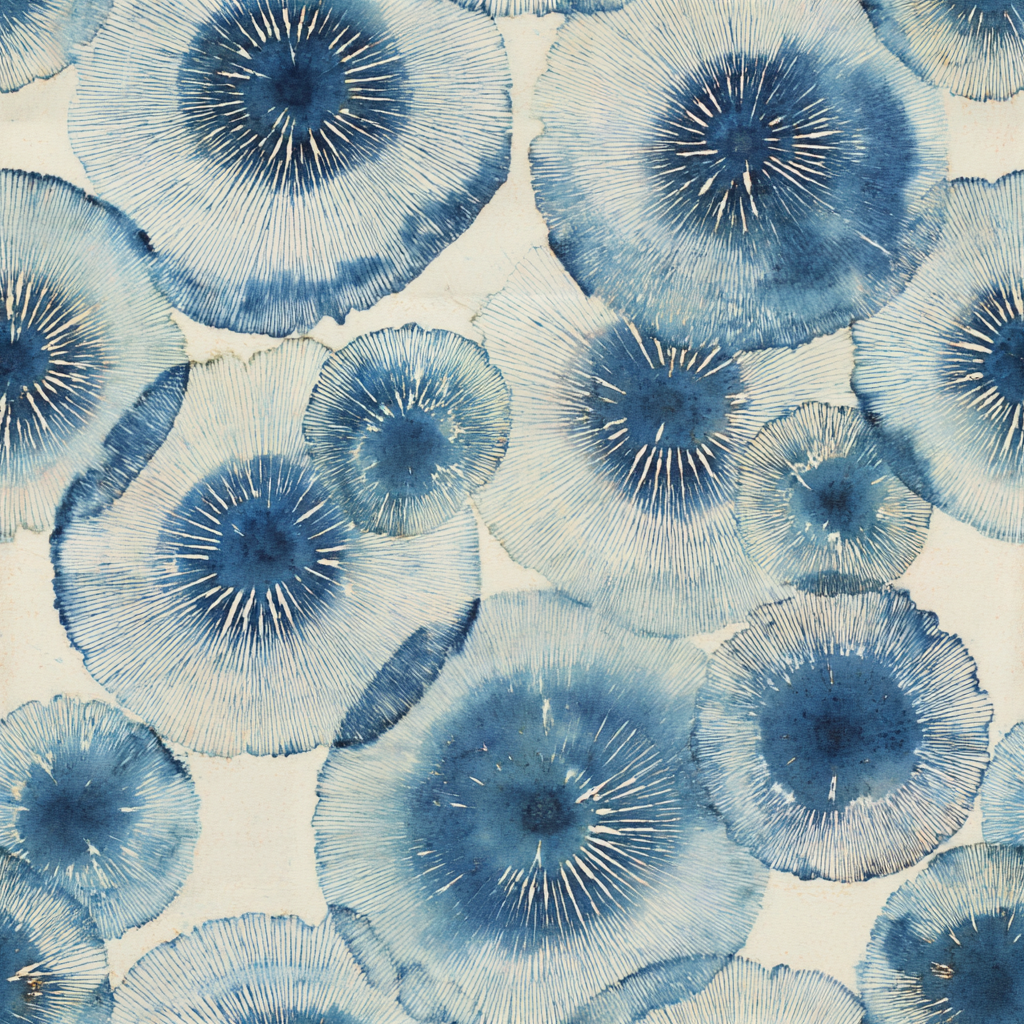 Blue botanical wallpaper with fungi blooms pattern.
