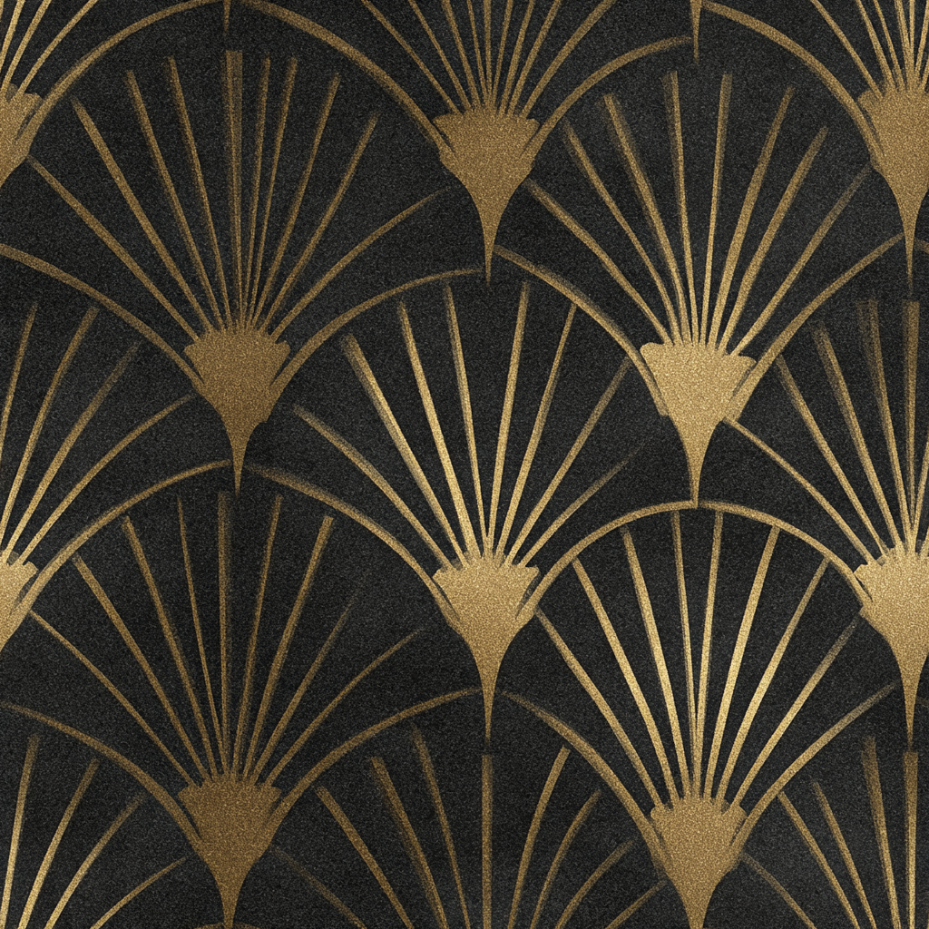 Black and gold Art Deco wallpaper with fan pattern and textured surface.

