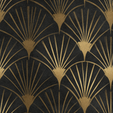 Black and gold Art Deco wallpaper with fan pattern and textured surface.
