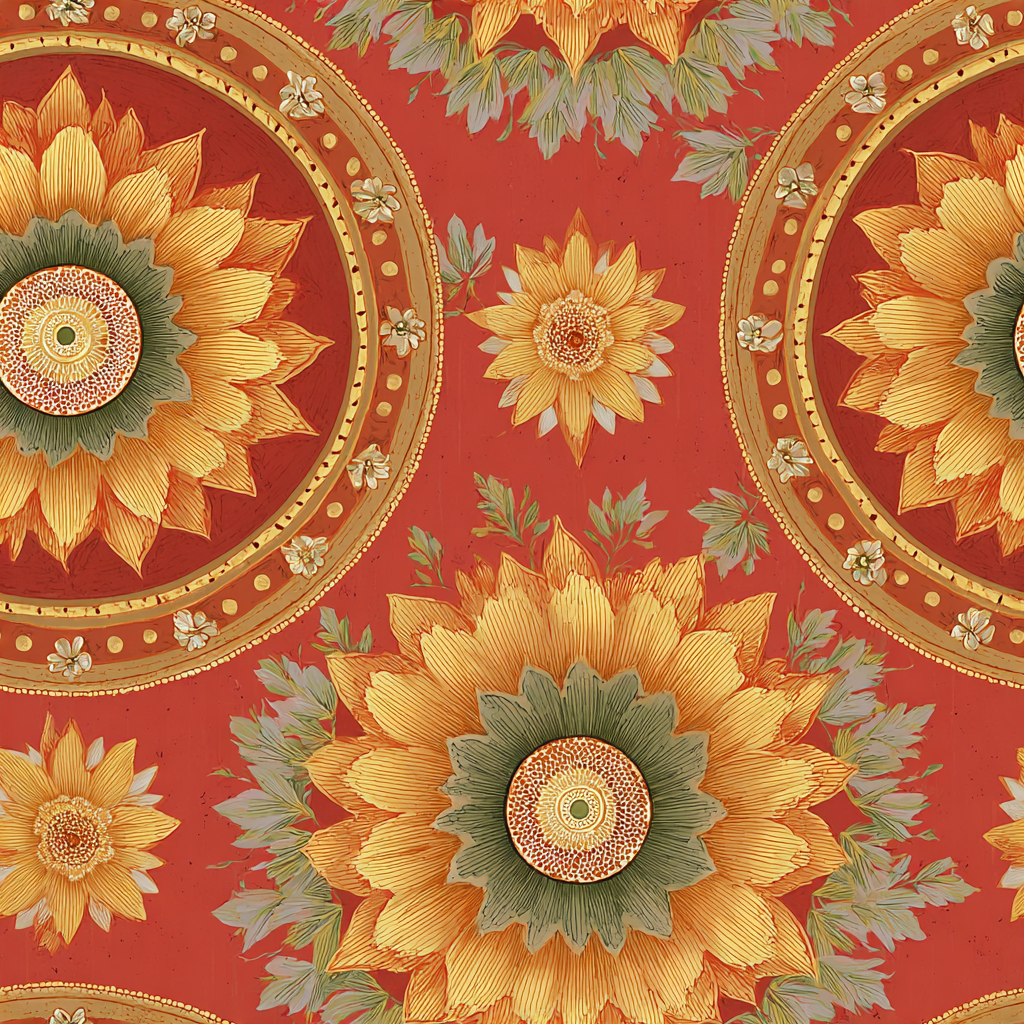 Floral wallpaper with sunburst pattern on red background.
