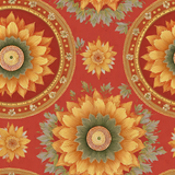 Floral wallpaper with sunburst pattern on red background.

