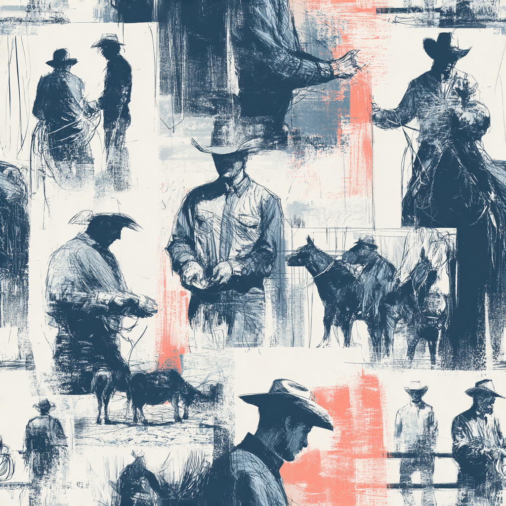 Cattleman’s Field Notes Wallpaper with Western-style cowboy sketches and coral accents.