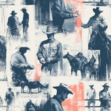Cattleman’s Field Notes Wallpaper with Western-style cowboy sketches and coral accents.