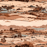 Landscaped wallpaper with rolling hills and farmhouses, by Copper Creek Range, in an aged, sepia tone.