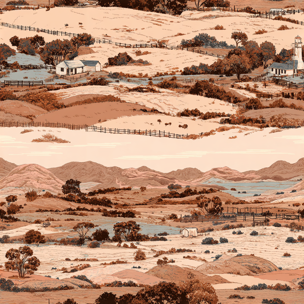 Landscaped wallpaper with rolling hills and farmhouses, by Copper Creek Range, in an aged, sepia tone.