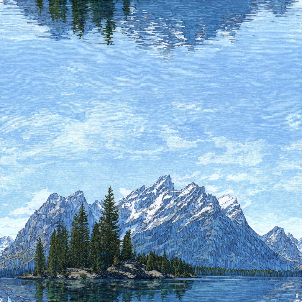Teton Reflection Wallpaper with blue sky, mountains, trees, and a reflection on a calm lake.
