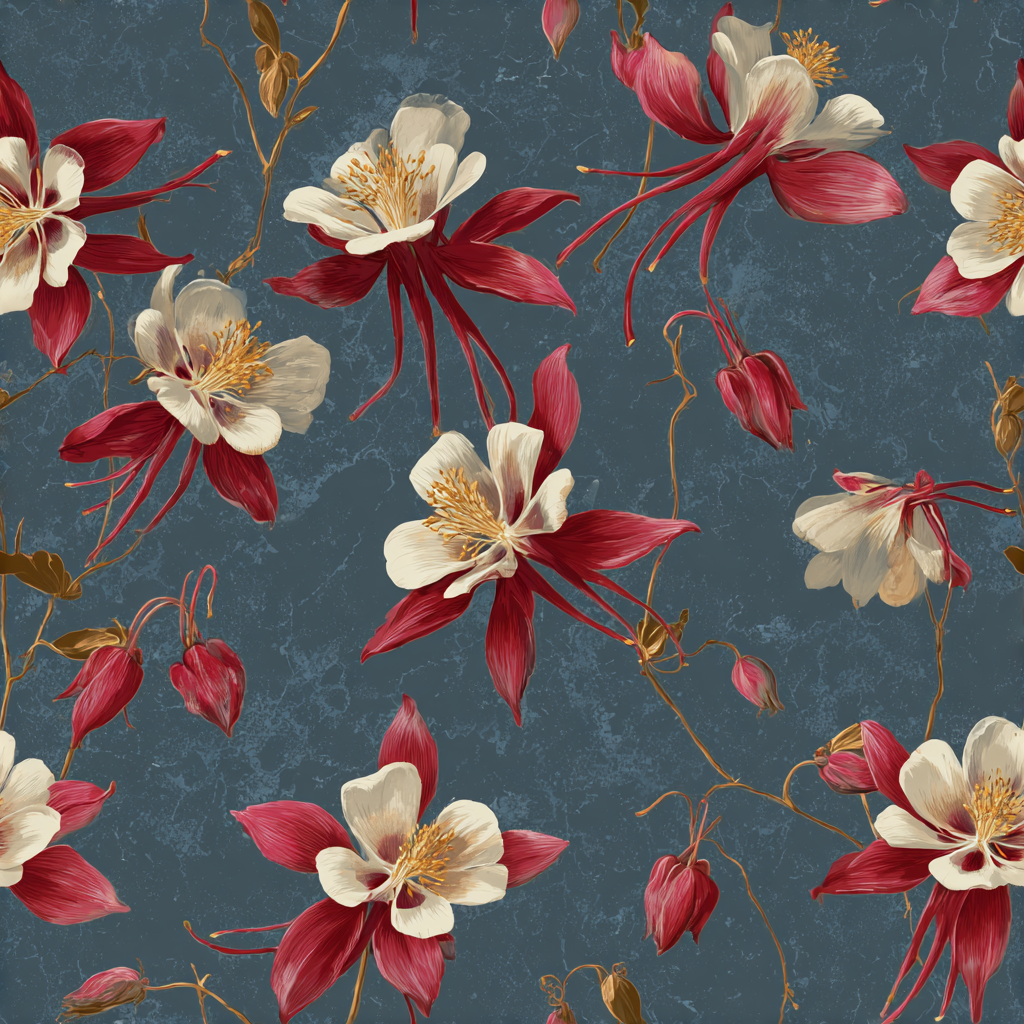 Floral wallpaper with red and white blooms on a blue textured background.