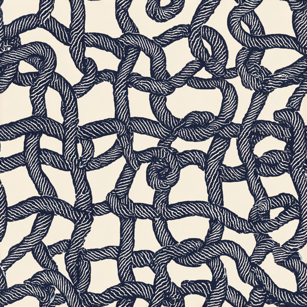 Nautical knot patterned wallpaper with white accents, styled as intertwined roping.
