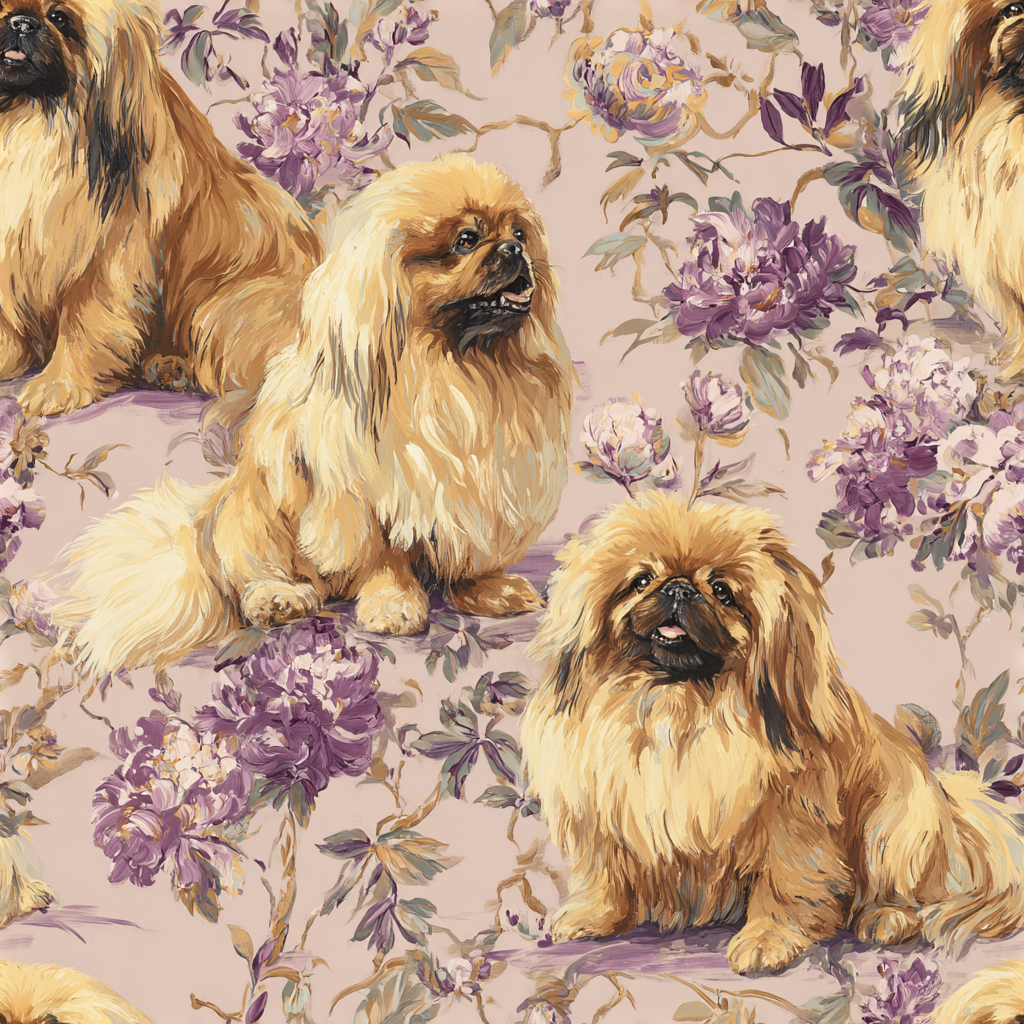 Floral wallpaper with Pekingese dogs in a repeating pattern.