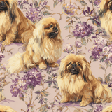 Floral wallpaper with Pekingese dogs in a repeating pattern.
