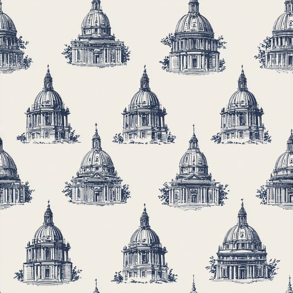Rotunda pattern wallpaper in navy by Velorum, featuring repeating architectural drawings on a neutral background.