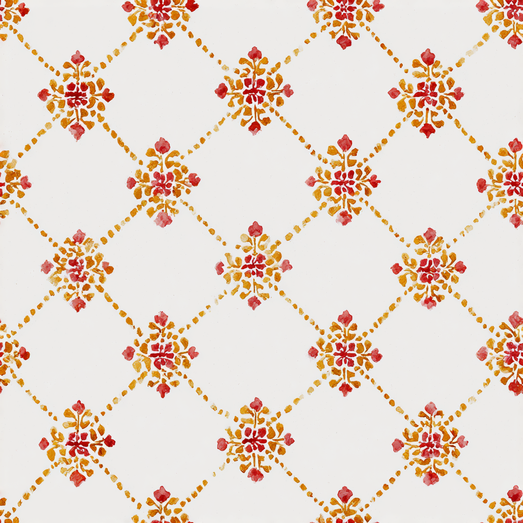 Floral lattice wallpaper in red and yellow with watercolor effect.
