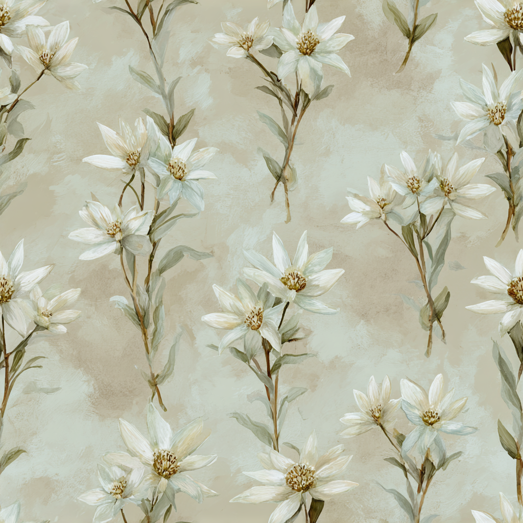 Floral bloom wallpaper with painted texture, featuring edelweiss blossoms and stems.

