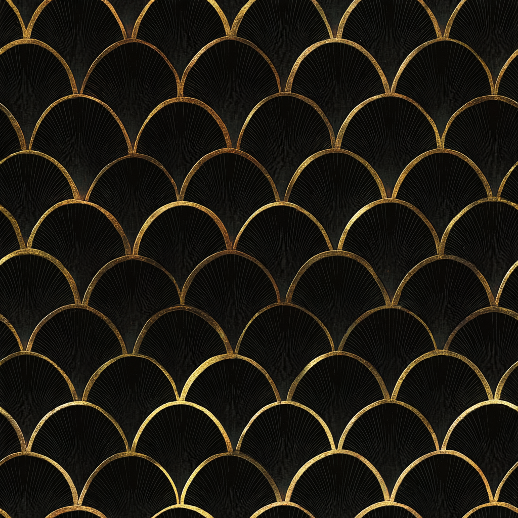 Black and gold scales wallpaper with art deco pattern.