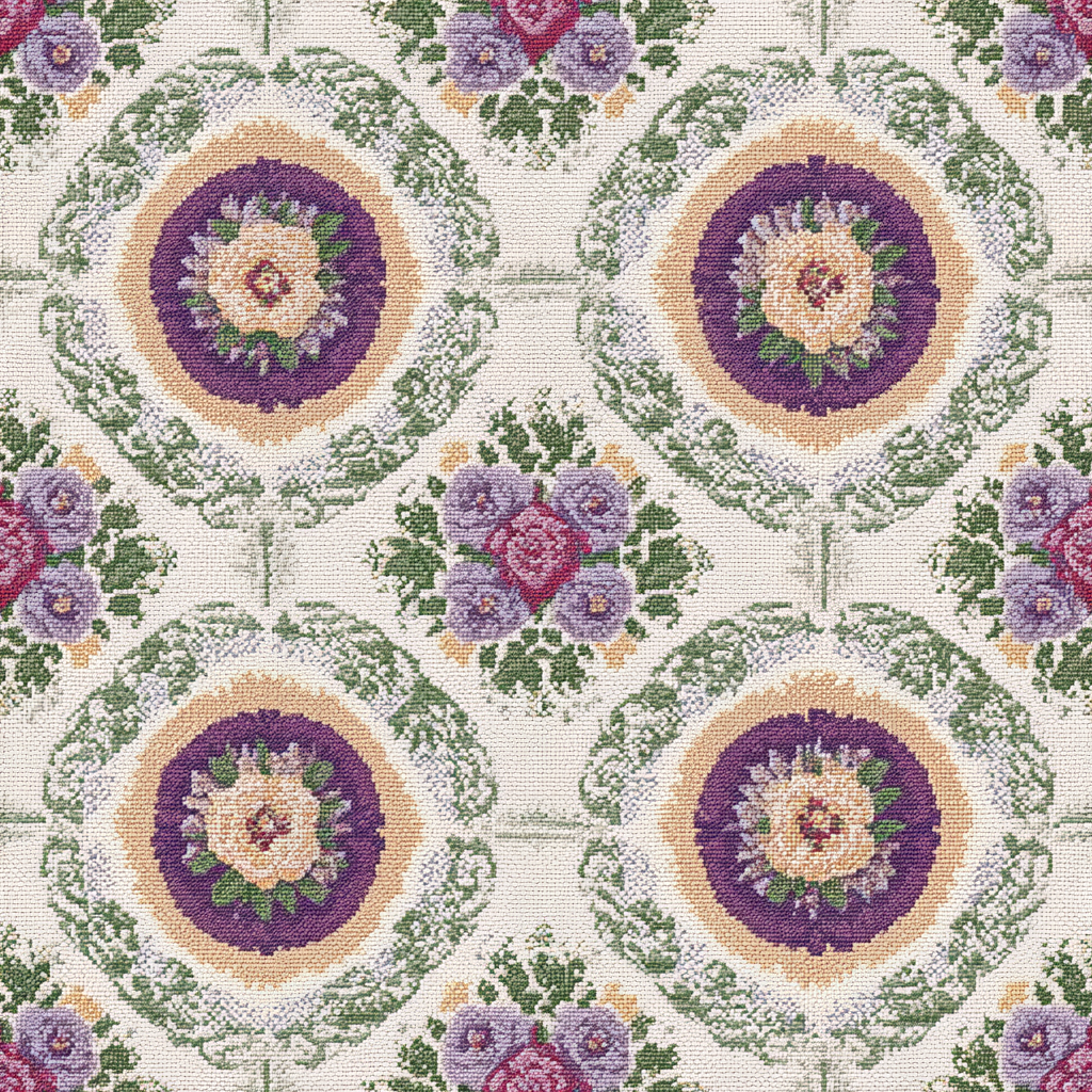 Stitch and rosette revival wallpaper with floral pattern on a textured background.