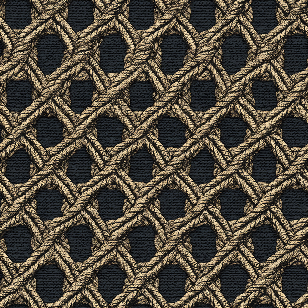 Hitch knot ledger wallpaper with rope weave pattern and dark navy background.
