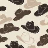 Patterned wallpaper of cowboy hats in brown and beige.