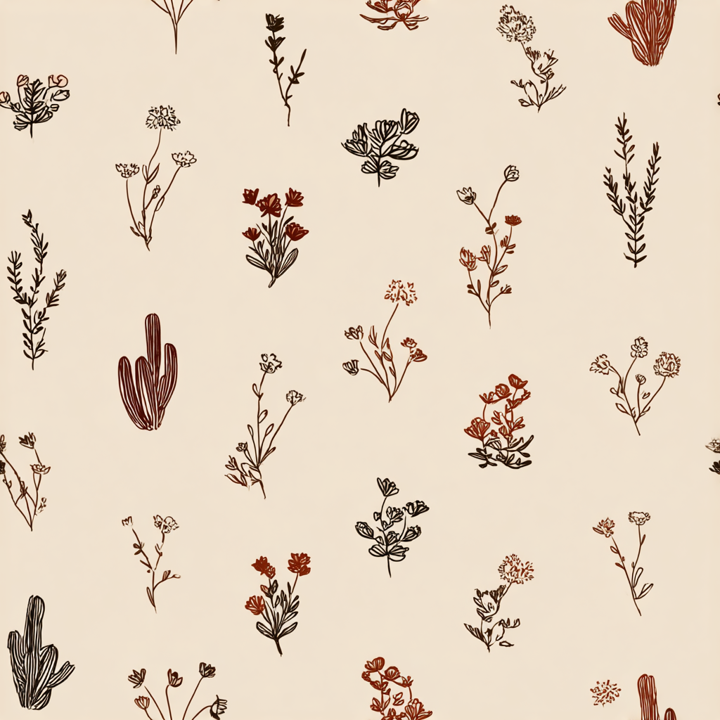 Botanical print wallpaper with desert plant pattern and neutral background.
