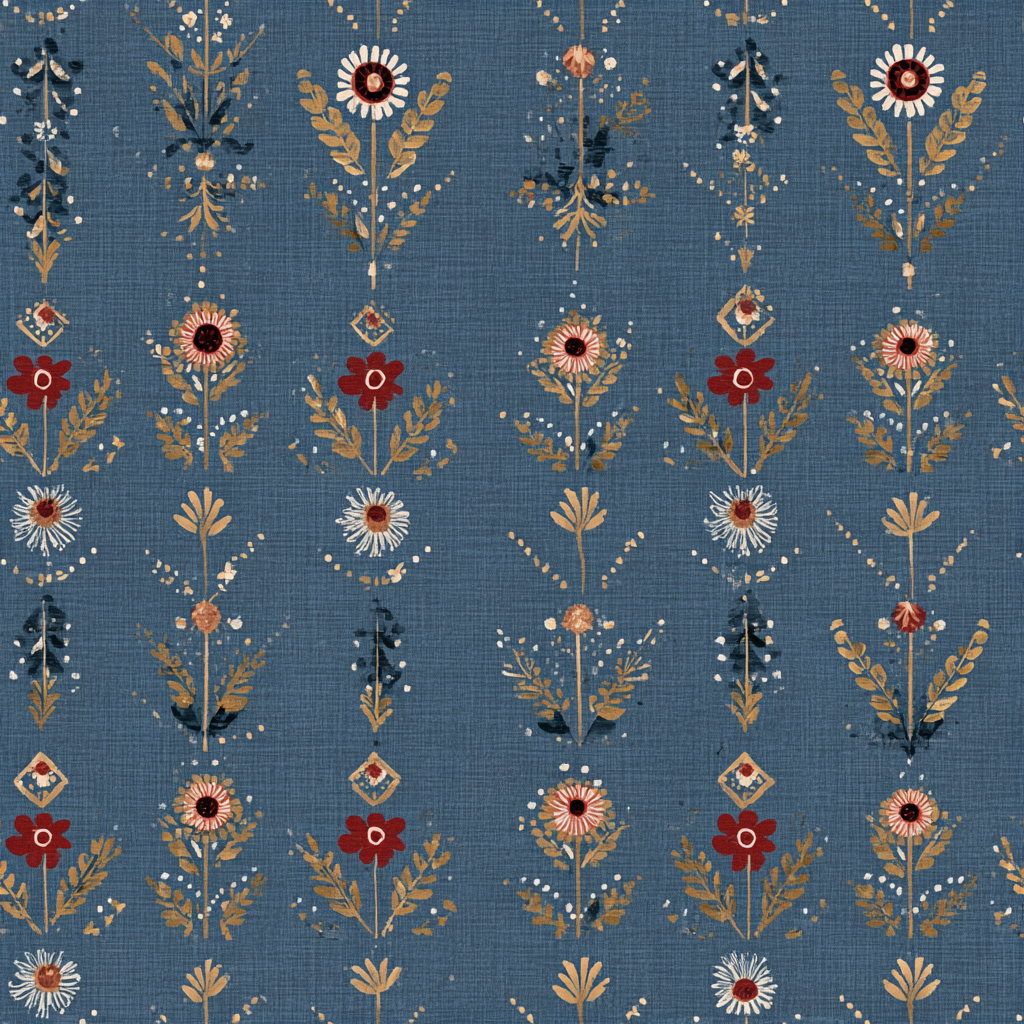 Sablehurst Stitch Wallpaper with repeating floral and geometric motifs on a textured blue background.