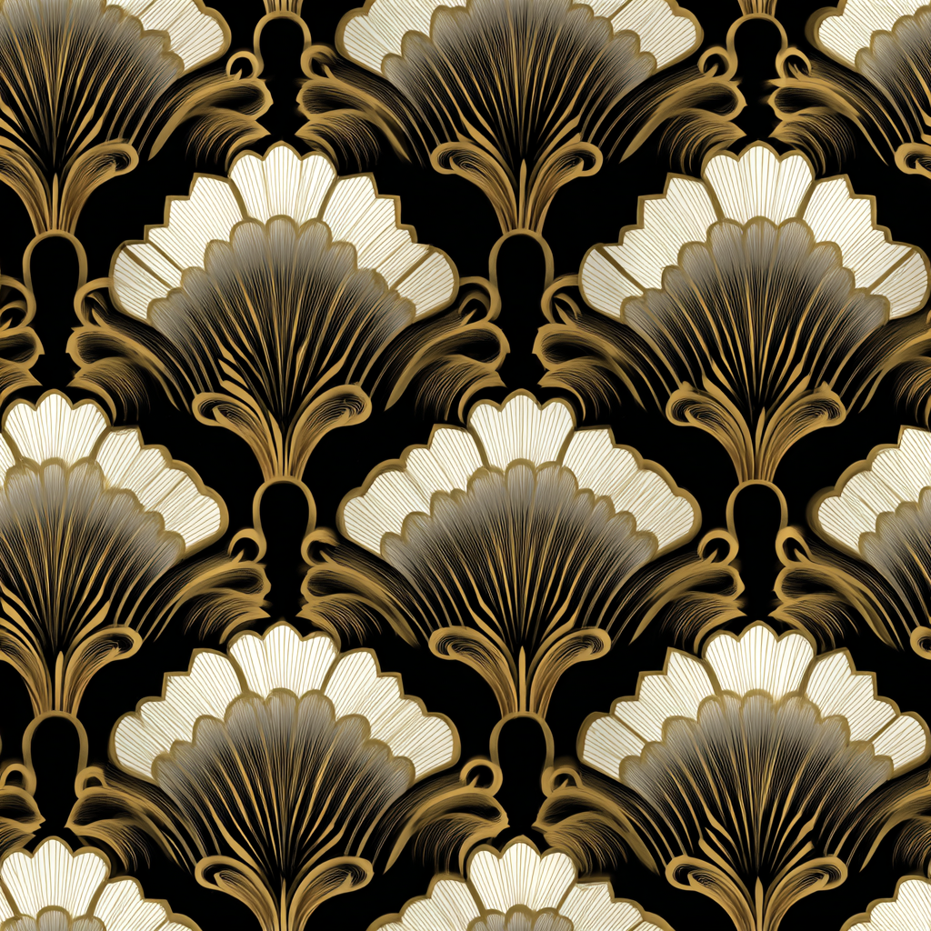 Empire Gilt Wallpaper with golden details, patterned with repeating floral and fan-like designs on a black background.
