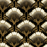 Empire Gilt Wallpaper with golden details, patterned with repeating floral and fan-like designs on a black background.

