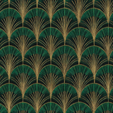 Green art deco wallpaper with gold accents.