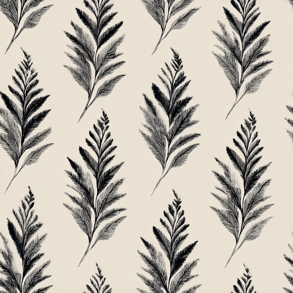 Floral print wallpaper with a plume design, featuring a black and white color scheme.