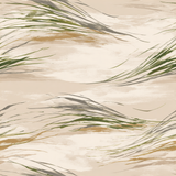 Windswept grasses wallpaper with a flowing, seamless pattern in tan, beige, and green hues.